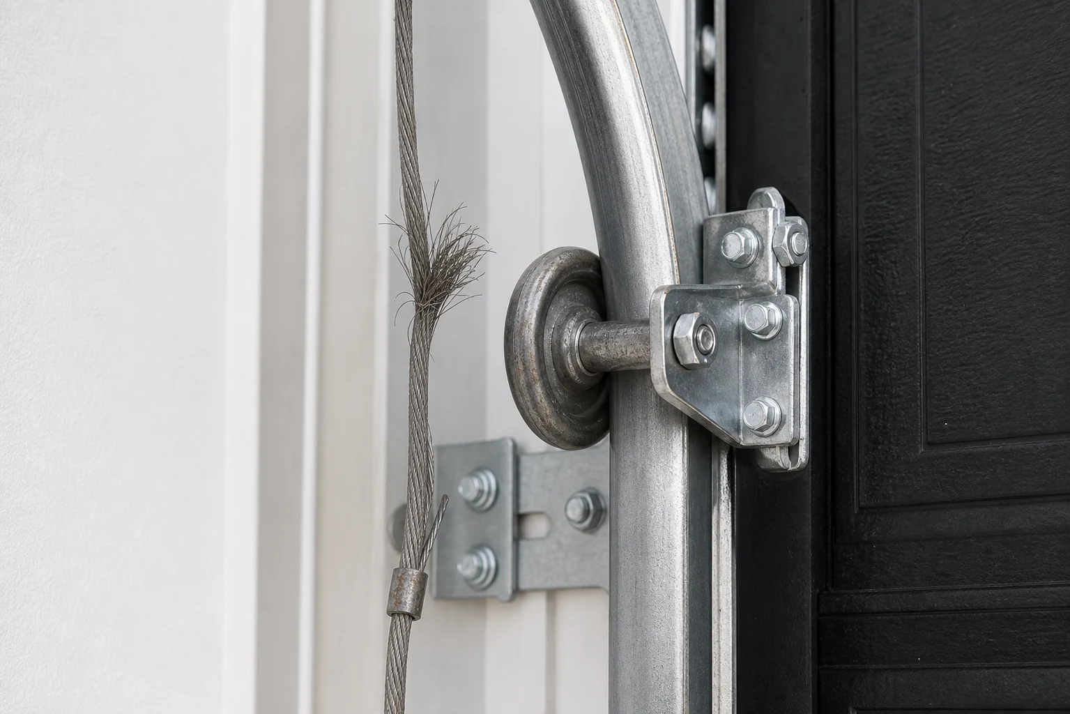 Frayed garage door cable and worn roller